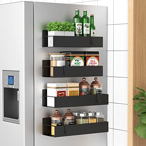 HuggieGems Metal Magnetic Spice Rack for Refrigerator with Hooks Matt Black by HuggieGems