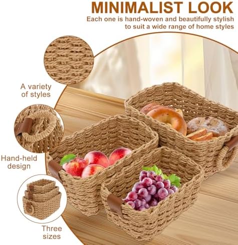 3Pcs Small Wicker Baskets, Small Woven Baskets for Organizing, Woven Storage Basket, Multipurpose Container Tabtop Bins, Desk Organizer for Shelves Bathroom Living Room - Image 4