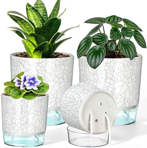 Self Watering Pots for Indoor Plants, 4/5.5 Inch Crackle Pattern Planters with Clear Water Reservoir & Wick System, 4 Pack Plastic Flower Pots for Succulents, Herbs, African Violets by Samhe