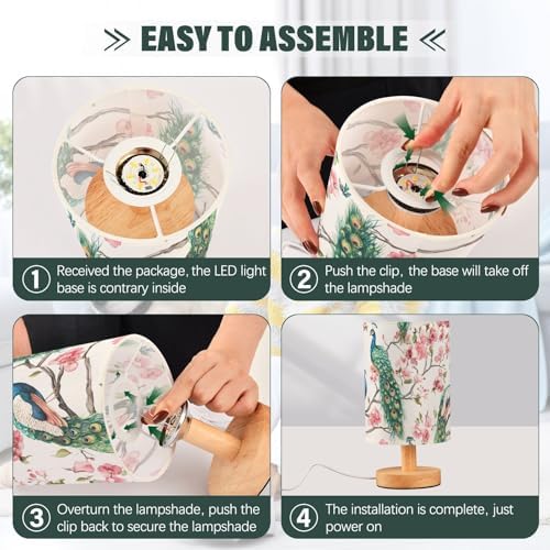 Fustylead Elegant Peacocks with Pink Floral Bedside Table Lamps with USB Port for Bedroom Lamp Small Nightstand Lamp Sturdy Linen Shade Wooden Decorative Lamps for Living Room Home Dorm Kids - Image 6