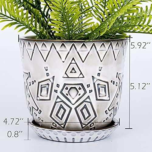 VanEnjoy 5.9 inch Round Bohemian Style Ceramic Planter, Geometry Engrave Off White Brown Succulent Planter Flower Pot, Indoor Outdoor Decorative Planter - Image 2