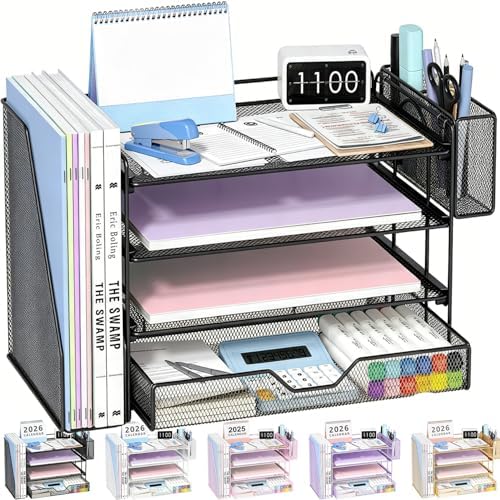 OPNICE Desk Organizers and Accessories, 4-Tier Desktop File Organizer with Drawer and Pen Holders, Office Desk Accessories Workspace Organizers for Office Supplies (Soft Black) by OPNICE