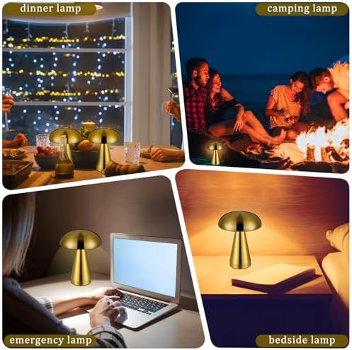 VIHOSE 2 Sets Cordless Lamp Gold, LED Mushroom Metal Table Lamps - Image 5