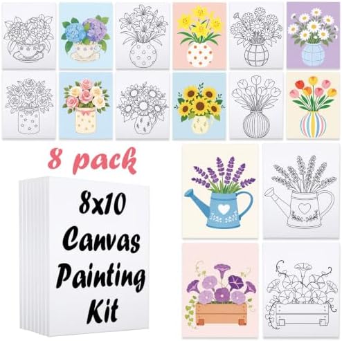 8 Pack Pre Drawn Canvas Painting Kits for Adults Sip and Paint Kit by VOCHIC