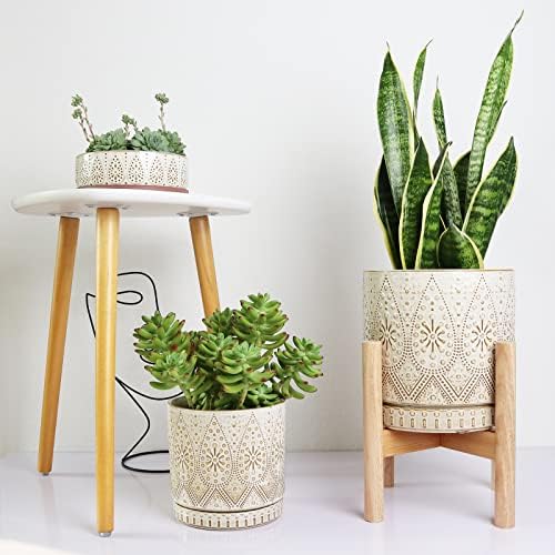 8 Inch Plant Pot with Stand, Ceramic Planter with Drainage Holes, Saucers and Mesh Pads for Indoor-Outdoor Plants - Image 3