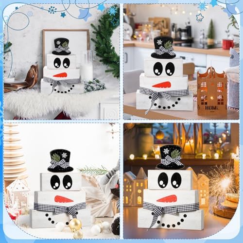 Moucuny 4 Pcs Wooden Snowman Blocks Tiered Tray Decor Farmhouse Table - Image 6