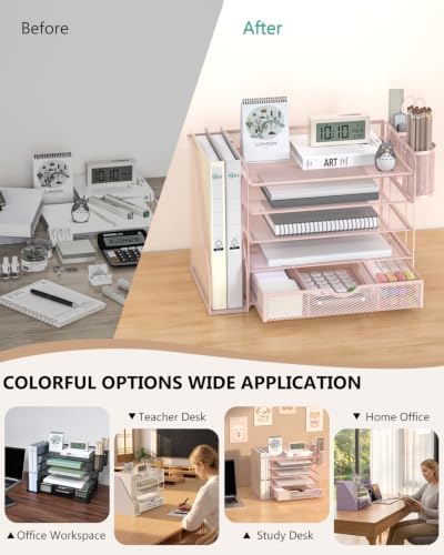 WALI Desk File Organizer, 5 Tier Desktop Paper Letter Tray Organizer with Drawer and 2 Pen Holders, Office Desk Accessories & Workspace Organizers for Office, Home Supplies(DO006DH-P), 1 Pack, Pink - Image 6