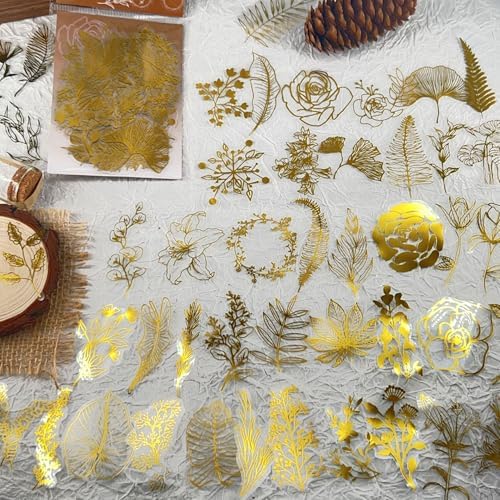 50PCS Boughs and Flowers Stickers Aesthetic PET Stickers Gold Stamp Decal Waterproof Decorative Decals for Scrapbook DIY Crafts Album Bullet Journal Planner Water Bottles Laptop Phone (Gold Stamp-C) - Image 3
