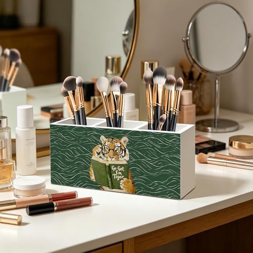 Funny Motivational Tiger Reading Pen Pencil Holder Organizer for Desk Accessories, Book Lover Reader Gifts, Eclectic Green Japandi Animal Bookish Wood Signs for Reading Nook Room Library Decor - Image 3