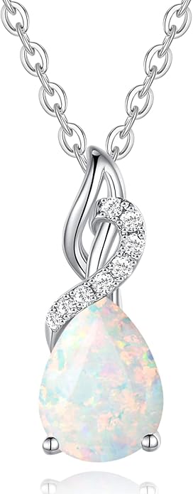 FANCIME 14K Solid White Gold Teardrop Pendant with Diamond Birthstone Necklace