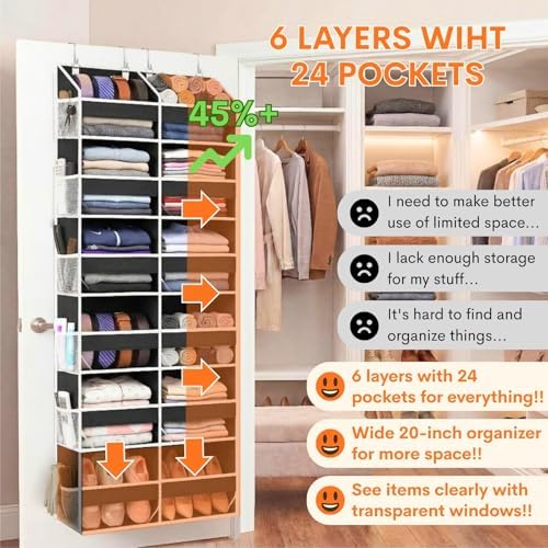 Over The Door Organizer 6 Tiers, Extra Large Behind Door Storage of 12 Compartments, 80 lbs Weight Capacity Hanging Storage Organizer with Clear Window Kids Toys, Shoes, Diapers, Room Storage,Black - Image 2