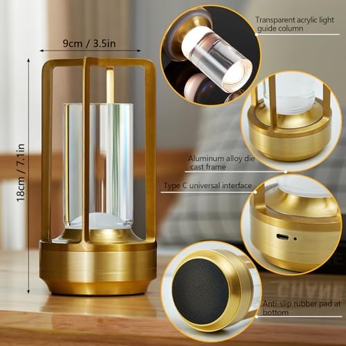Small Table Lamp, Rechargeable Cordless Battery Operated LED Lamp, 3-Color Temperatures Dimmable Nightstand Lamp for Living Room, Bedroom, Outdoor Battery Powered Portable Touch Lamp (Gold) - Image 4