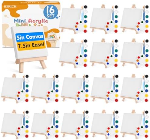 ESRICH 16 Set Mini Acrylic Paint Kit, 5in Mini Canvas with 7.5in Easel by ESRICH