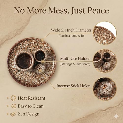 Palo Santo Sticks Holder, Multi-Purpose Handmade Ceramic Incense Burner for Palo Santo Incense Sticks, Sage Holder for Burning, Ash Catcher Tray for Meditation Yoga Room-Brown White - Image 4
