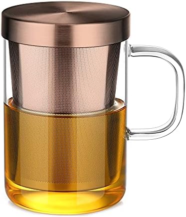 ecooe 16.9oz Glass Tea Cup with Infuser and Lid 430ml(Use Capacity), Bronze by ecooe
