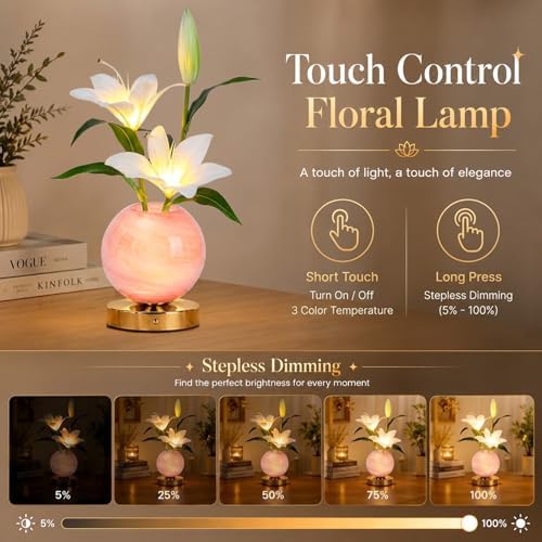 Lily Table Lamp, 3 Color Planet Night Light, Rechargeable Cordless Touch Dimming Artificial Flower Light, LED Flower Bedside Lamp Romantic Gifts for Girl Women Mom (White Lily - Pink Vase) - Image 4