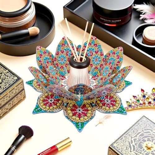 jinglinhh DIY Mandala Lotus Diamond Art Painting Aromatherapy Candle Holder Kit for Adults, Acrylic Diamond Art Tabletop Candlestick Holder Tray Ornaments Craft Project for Beginners(Gold Blue Lotus) - Image 3