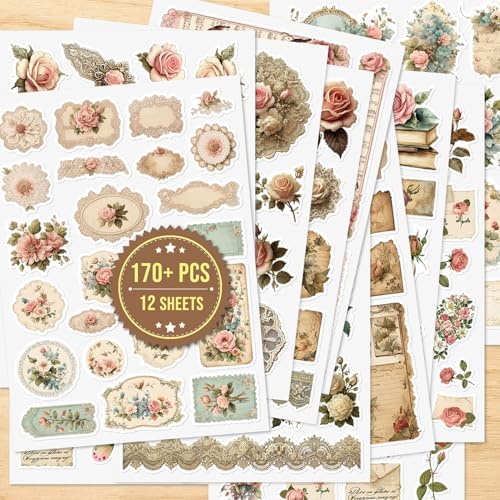 170PCS Vintage Rose Flower Scrapbooking Stickers Junk Journal Supplies, Shabby Pink Stickers Set Scrapbook Supplies Floral Sticker for Planner Album Diary Letter Envelope (Vintage Rose Flower) - Image 2