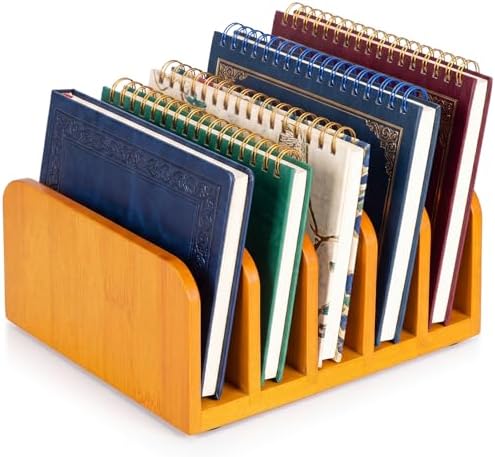 Lineshading Bamboo Letter Organizer, 5 Compartments Desk Mail Organizer, Desktop Envelope Holder and Letter Sorter, Countertop Paper File Holders with Anti Slip Mat for Home Office(Yellow) by Lineshading