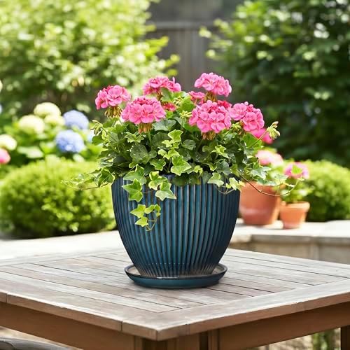 Ceramic Plant Pots, 8 Inch Planters for Indoor Plants, Decorative Flower Pots with Drainage Hole and Saucer, Round Planter, Indoor Flower Pot, Modern Home Decor, Plant Lover Gifts, Retro Blue - Image 4