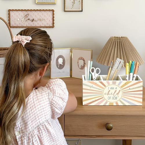 Boho Sunshine Christian Pen Holder, Christian Gifts Pencil Holder for Desk, I Am a Child of God Bible Verse Wooden Box Sign Decorations for Kids Nursery Room Bedroom Classroom Desk Tabletop - Image 4