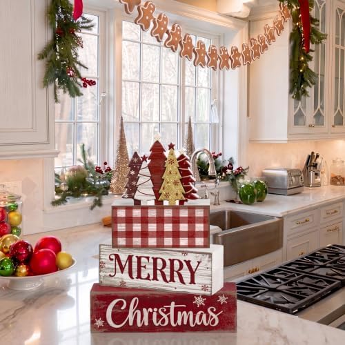 Moucuny 4 Pcs Christmas Table Decor Rustic Merry Wooden Christmas Tree Sign - Image 5