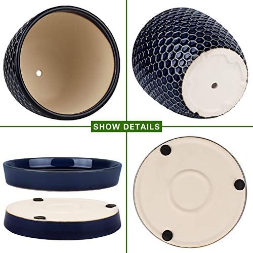 Docrin Blue Honeycomb Ceramic Plant Pot Set - 6.6"+5.5" Inch, Modern Decorative Planters with Drainage Holes & Saucers for Indoor/Outdoor Home Office - Image 3
