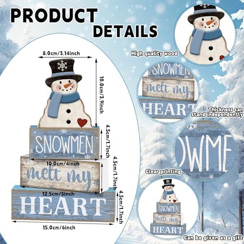 Moucuny 4 Pcs Snowman Block Signs Farmhouse Table Decoration Wood - Image 4