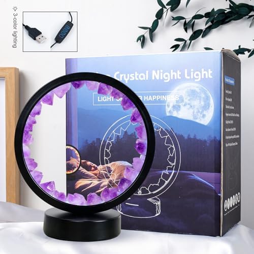 Runyansghi Amethyst Tooth Night Lamp 8.6" Natural Healing Crystal Bedside Lamp USB Port 3 Colours Dimming Mode Bedroom Lamp Suitable Night Light Ideal Gift - Image 6