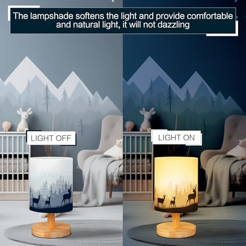 VIHOSE Bedside Table Lamp Table Lamp Vintage Nightstand with Linen Fabric Shade Solid Wood Base Decoration for Kids Living Room Bedroom Desk Dorm(Watercolor Forest Deer,Green) - Image 2