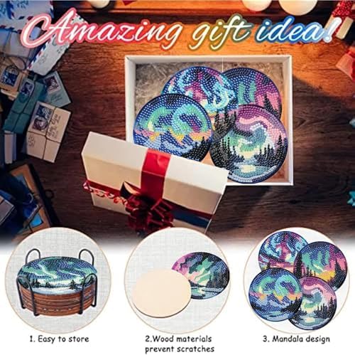 NEGEKFKX 8 Pcs Aurora Diamond Art Painting Coasters Kits,Landscape Coaster with Holder for Adults, Non-Slip DIY Dot Paint Craft Kits,5D Full Drill DIY Diamond Dot Gem Art Kit Home Decor Arts Craft - Image 5