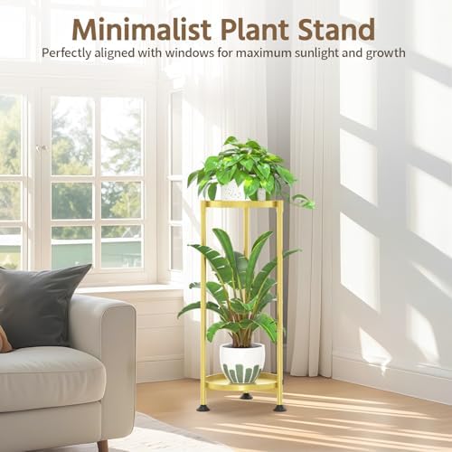 LASZOLA Metal Plant Stand Indoor Tall with 11 Inch Large Tray 2 Tier Gold - Image 2