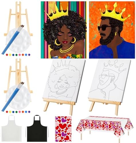 Yeaqee 13 Pcs Sip and Paint Kit for Adults Stretch Canvas Date Night Valentines Painting Kit Supplies Art Painting Set Outline Design Blank Stretch Canvas for Couple Party(Afro King Queen,11x14) by Yeaqee