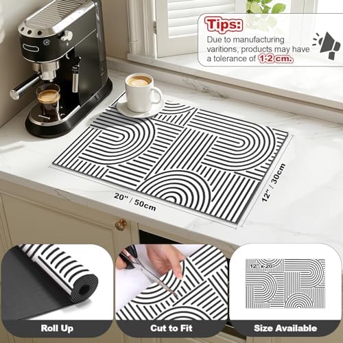Findosom Geometric Dish Drying Mat, 12" x 20" Absorbent Coffee Mat, Black - Image 2
