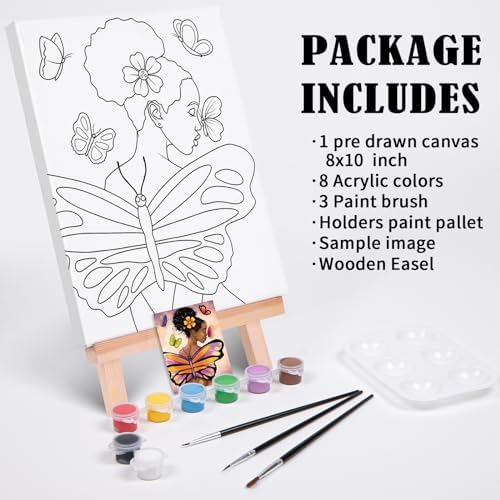 VOCHIC Pre Drawn Canvas for Painting for Adults Paint and Sip Kit Party Supplies 8x10 in Canvas Butterfly Girl 1 Easel,8 Acrylic Colors,3 Brush,1 Pallet Paint Art Set (Pack of 2) - Image 5