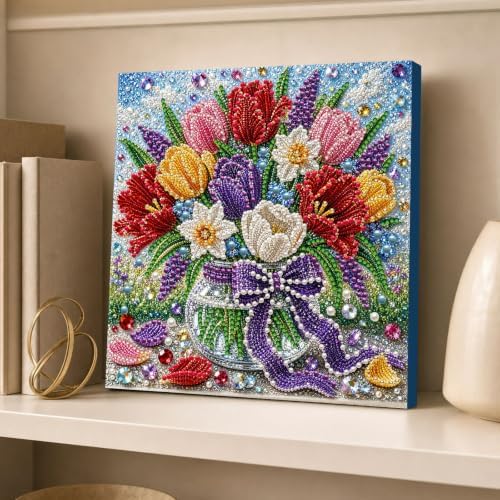 DIY Pearl Painting Kit for Adults, Tulip Flower Gem Art with Wood Frame, 20x20cm Pearl Diamond Craft, Floral Wall Decor Gift for Women, Beginners Relaxing Hobby Kit - Image 3