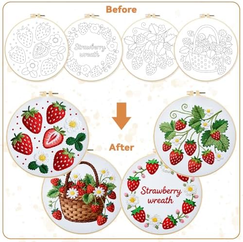 BEUNITONE 4 Set Strawberry Embroidery Kit for Adult Beginners 7.9"x7.9" DIY Stamped Needlepoint Kits with Pre-Printed Designs, Complete Handmade Embroidery Craft for Relaxing Hobby and Home Decor - Image 4