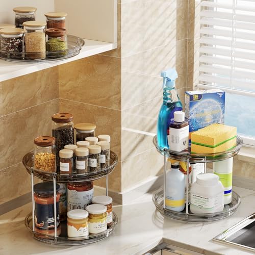 LAMU 2 Pack 2 Tier Lazy Susan Turntable Organizer 9.25'' Rotating Spice Rack Organization for Cabinet, Kitchen, Pantry, Countertop, Bathroom, Vanity, Medicine Cabinet Organizer, Grey - Image 7