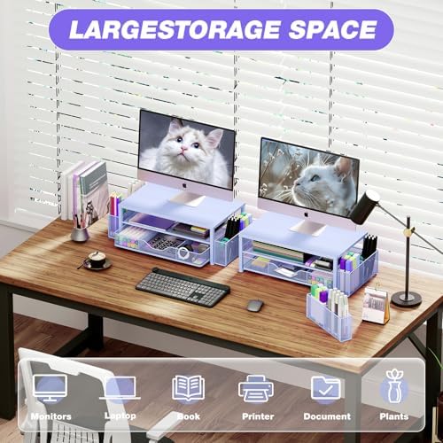 OPNICE Desk Organizers and Accessories, Computer Monitor Stand Riser with Drawer and 2 Pen Holders, Printer & Laptop Stand, Office Desk Accessories & Workspace Organizers for Home Office Supplies, Blue - Image 4