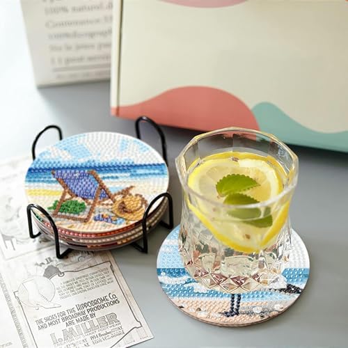 askkqtx 8 Pcs Beach Diamond Art Coasters Kits with Holder 4X4 Inch - Image 3