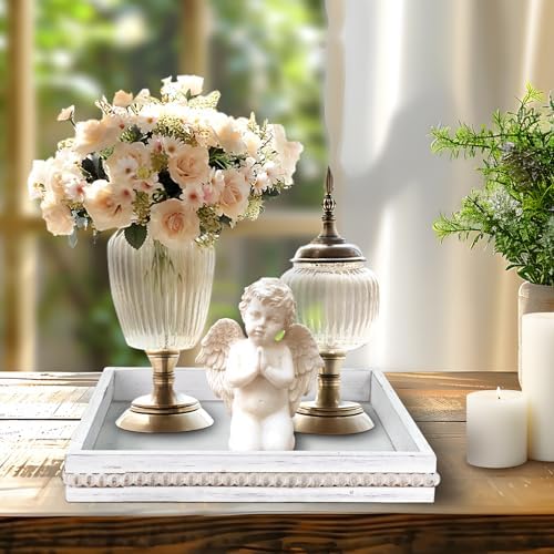 Wooden Decorative Tray, Small Serving Tray with Wood Bead, Farmhouse Big Tray for Ottoman, Countertop, Coffee Tabl, 13" x 13"x 1.6" (Retro White) - Image 4