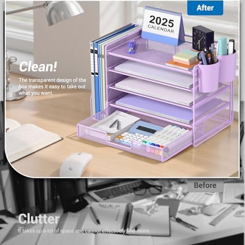 OPNICE Desk Organizer, 5-Tier Desktop File Organizer with Drawer and Pen Holders, Office Desk Accessories, File Sorters, Workspace Organizers for Office Supplies(Purple) - Image 4