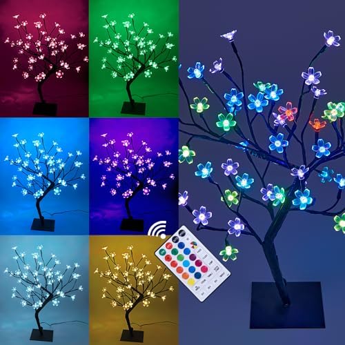 LIGHTSHARE 18 Inch Cherry Blossom Bonsai Tree, 48 LED Lights, RGB with Remote Control, 16 Color-Changing Modes, 24V UL Listed Adapter Included, Metal Base Ideal As Night Lights by Lightshare