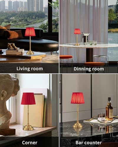 KDG Gold Cordless LED Table Lamps Set of 2, Red Fabric Shade Desk Lamps - Image 6