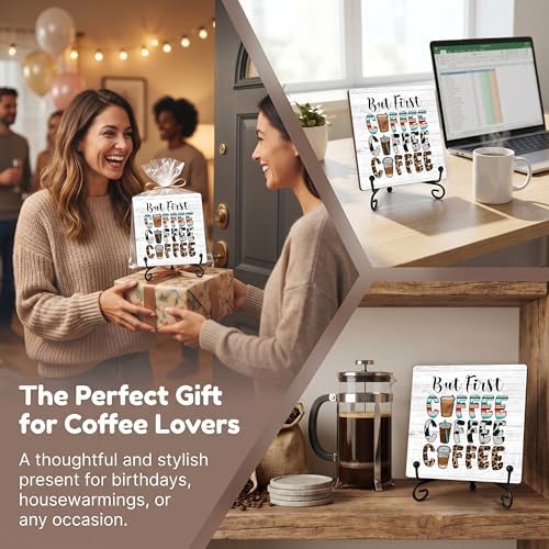 Coffee Bar Sign, But First Coffee Sign, Coffee Lover Gifts, Coffee-Themed Decor, 5x5 Wood Plaque with Iron Stand for Home, Kitchen or Cafe – A10 - Image 6