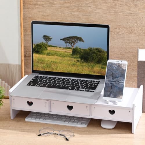 Tofficu Computer Monitor Riser with Drawer White Desk Shelf for Monitor and Keyboard Storage Rack Office Desk Organizer for Laptop Stand Riser for Home Office - Image 3