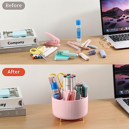 Desk Pencil Pen Holder, 5 Slots 360°Degree Rotating Organizers for Desk, Desktop Storage Stationery Supplies Organizer, Cute Cup Pot Office, School, Home, Art Supply, Pink - Image 4