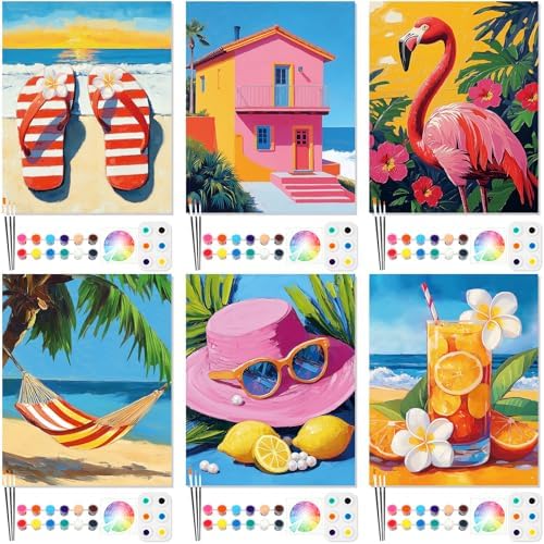Dinifee 6 Pack Pre Drawn Canvas 8x10 Paint Kit for Adults, Colorful Hawaii by Dinifee