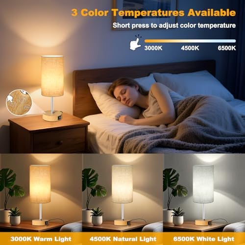 Unicozin Small Table Lamp, 3CCT & 7 RGB Color Changing, Dimmable Nightstand Lamp with Wood Grain Base, Touch Bedsides Lamp for Bedroom, Office, Kids Room, Nursery, Party, Beige Shade - Image 5