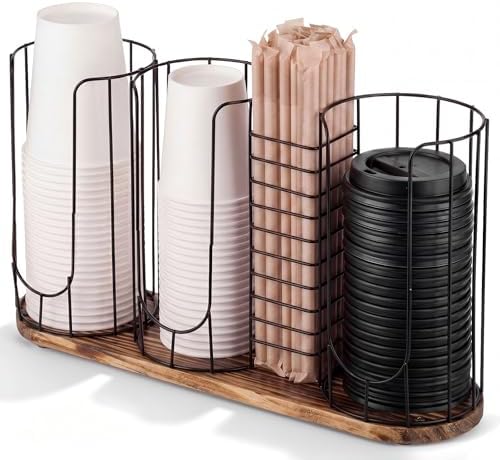 Geelin 18oz Adjustable Coffee Cup Dispenser with Wooden Base, Cup and Lid Holder, Cups Holder Organizer for Coffee Pod Straw and Lid Storage(4-compartment Single,Color 5) by Geelin